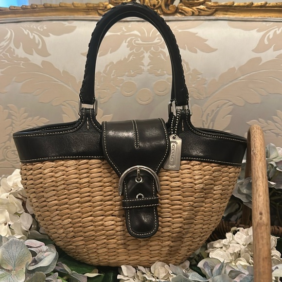 Authentic coach, black leather and tan wicker handbag, satchel. Large size - Picture 2 of 13